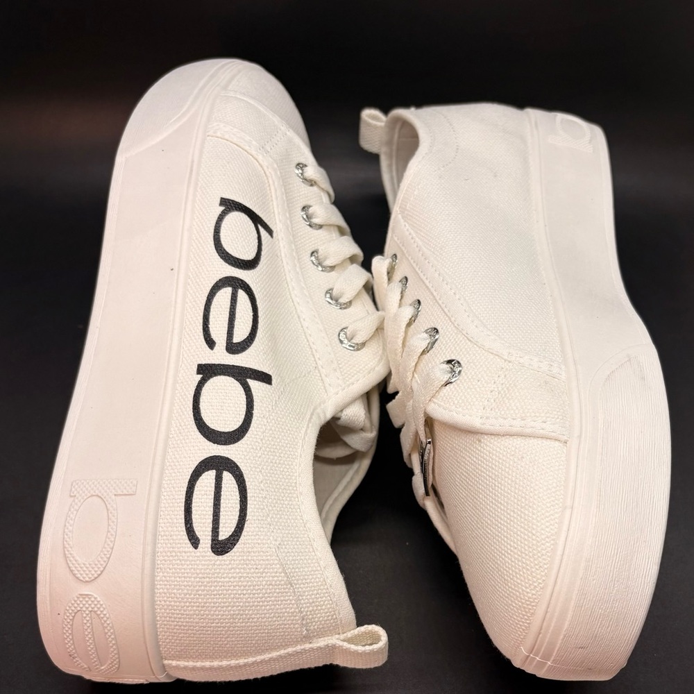 bebe Cream Canvas Platform Sneakers with Black Logo Print